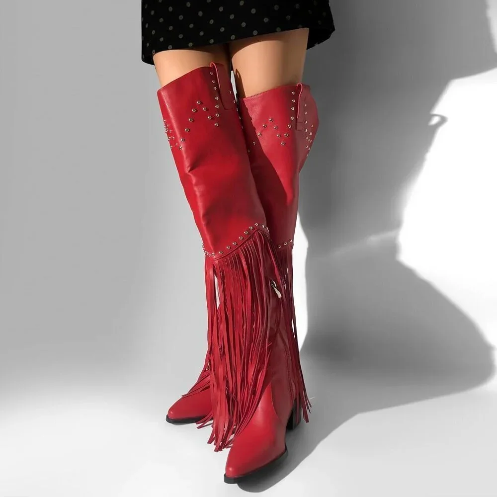 Women Red Synthetic Fringe Thigh High Tassels Wide Calf Over Knee Pointed Boots